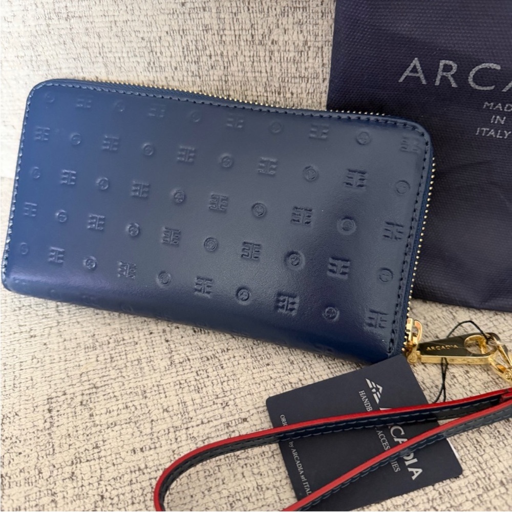 Arcadia Italian blue embossed leather wristlet Wallet